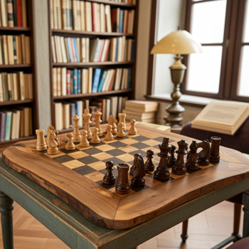 Preview: Rustikales Schachbrett aus Olivenholz mit Figuren 50x50cm - Handarbeit Made in Italy - Edle Deko - Robust & langlebig - Unikat mit natürlicher Maserung