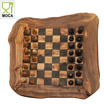 Preview: Scacchiera rustica unica in legno di olivo con pezzi, 50 x 50 cm, fatto a mano, Made in Italy