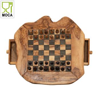 Preview: Scacchiera in legno d’ulivo con figure e piccolo cassetto, 40 x 40 cm, Made in Italy
