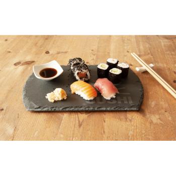 Preview: Sushi-Set Schieferplatte mit Füssen - Authentische Präsentation von Sushi & Sashimi - Bambus-Essstäbchen, Porzellan-Schälchen & Stäbchenablage - 30x18cm