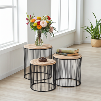 3er-Set Beistelltische Holz & Metall - Modernes Satztisch-Design schwarz/braun - Stilvolle Ablage für Pflanzen/Deko - Mango Holz