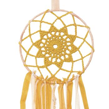 Preview: Traumfänger Komplett-Set zum Selbermachen - Bastelset mit Anleitung - Gelb, 60 cm Höhe, Bommel, Holzperlen - Kreatives Geschenk