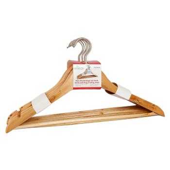 Preview: 24 Holz Kleiderbügel mit Rockkerbe & Hosensteg - 3-in-1 Funktion für Hosen, Röcke & Jacken - Drehbarer Metallhaken - Tanne/Kiefer/Ahorn