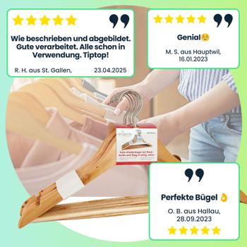 Preview: 40 Holz Kleiderbügel - platzsparend, drehbarer Haken, 3 in 1 Funktion für Röcke & Hosen - Tanne/Kiefer/Ahorn - braun/natur/silber