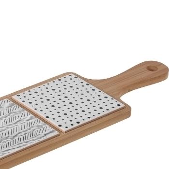 Preview: Servierbrett aus Bambus mit Griff - 3 Keramik-Plättchen braun/schwarz/weiss - Mediterranes Flair für Häppchen & Party - 44,1x12x1,2cm