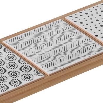 Preview: Servierbrett aus Bambus mit Griff - 3 Keramik-Plättchen braun/schwarz/weiss - Mediterranes Flair für Häppchen & Party - 44,1x12x1,2cm