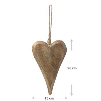 Preview: Hängedekoration Herz aus Mangoholz, mit Schnur, braun, 15 x 26 x 2 cm