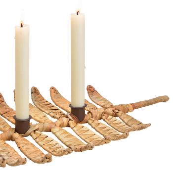 Preview: Kerzenhalter aus Wasserhyazinthe Blattform - Dekoration für Garten & Haus - Platz für 3 Kerzen - Geflochtene Optik mit Metall - 50x3x25cm braun