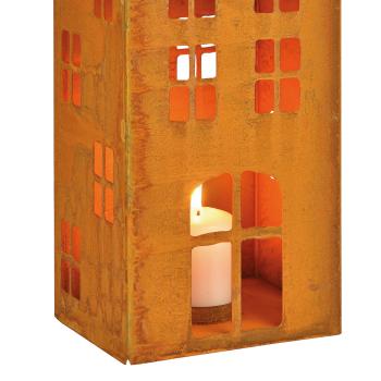 Preview: Windlicht Haus aus Metall - Rost-Finish, braun, Lichterhaus, Gartendeko für Terrasse & Balkon - 17x40x14cm, gemütliches Ambiente