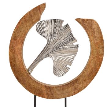 Preview: Ginkgoblatt Aufsteller aus edlem Metall - Dekoration für Wohnräume mit Mangoholz Sockel - Silber-Braun - 28x46x6cm - Handgefertigt