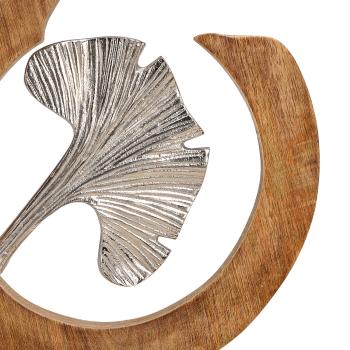 Preview: Ginkgoblatt Aufsteller aus edlem Metall - Dekoration für Wohnräume mit Mangoholz Sockel - Silber-Braun - 28x46x6cm - Handgefertigt