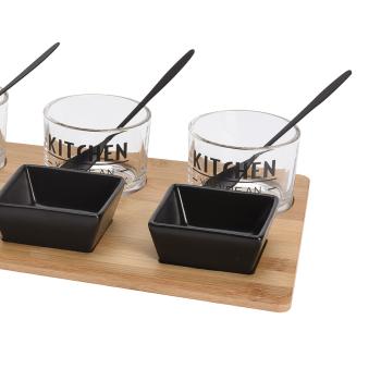 Preview: Vorspeisen Set 10-teilig - 6 Schälchen aus Keramik & Glas mit Aufschrift - Holz Servierplatte 37x17cm - für Tapas, Snacks, Salate, Desserts