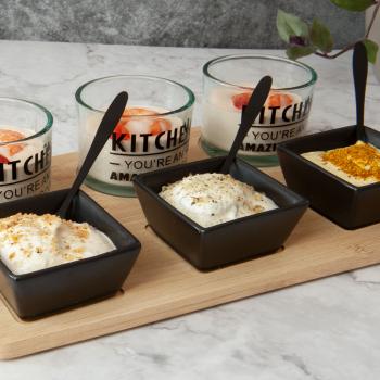 Preview: Vorspeisen Set 10-teilig - 6 Schälchen aus Keramik & Glas mit Aufschrift - Holz Servierplatte 37x17cm - für Tapas, Snacks, Salate, Desserts