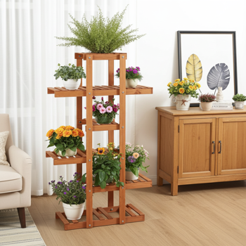 Preview: Etagère à fleurs élégante à 5 étages - support de plantes brun clair en bois de sapin, 125x81x25cm - moderne &amp robuste pour chaque pièce