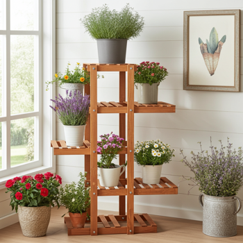 Etagère à fleurs élégante à 5 étages - support de plantes brun clair en bois de sapin, 125x81x25cm - moderne &amp robuste pour chaque pièce
