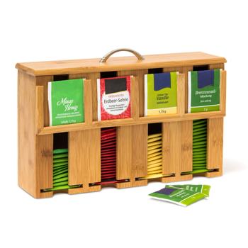 Bamboo tea bag dispenser – 4 compartments, space for over 160 tea bags – brown, 22 x 33.5 x 10 cm – with lid & handle – natural wood design – ideal for kitchen, office