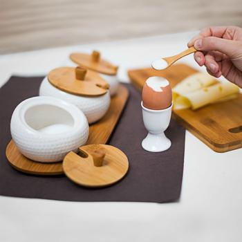 Preview: Set of 3 ceramic spice jars – dip bowls with lids, spoons & bamboo tray – jam bar – Ø 9 cm – brown/white