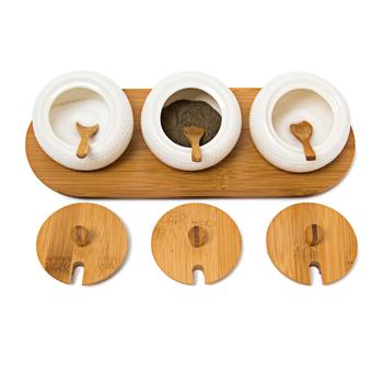 Preview: Set of 3 ceramic spice jars – dip bowls with lids, spoons & bamboo tray – jam bar – Ø 9 cm – brown/white