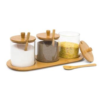 Preview: Set of 3 glass spice jars with bamboo tray – jam bar & dip bowls – lids & spoons – hygienic & decorative – 12 x 31 x 12 cm