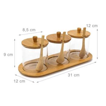 Preview: Set of 3 glass spice jars with bamboo tray – jam bar & dip bowls – lids & spoons – hygienic & decorative – 12 x 31 x 12 cm