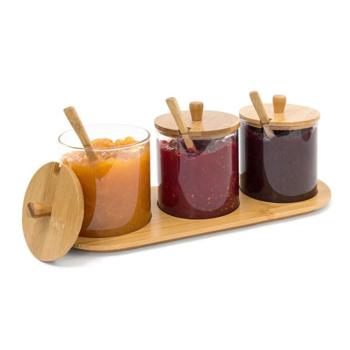 Set of 3 glass spice jars with bamboo tray – jam bar & dip bowls – lids & spoons – hygienic & decorative – 12 x 31 x 12 cm