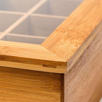 Preview: Teebeutelbox aus Bambus mit Sichtfenster-Deckel - Teekiste für bis zu 60 Teebeutel, 6 Fächer - Braun, 9x22x16cm - Perfekte Tee-Ordnung