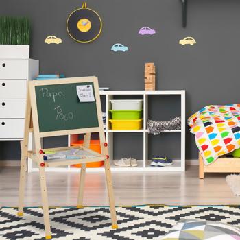 Preview: Children’s easel made of pine wood – double-sided with chalkboard, whiteboard & magnetic surface – height-adjustable – storage tray – foldable brown/green/white