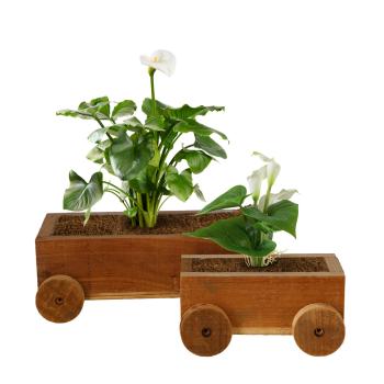 Preview: set of 2 wooden plant pots, plant pots in the shape of a cart, with wheels and inner foil