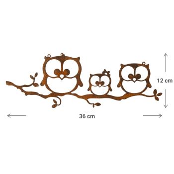 Preview: Hängedekoration Eulenzweig aus Metall in Edelrost-Optik - Landhausstil Deko für Garten, Terrasse & Balkon - 3 Eulen auf Zweig - 36x12cm