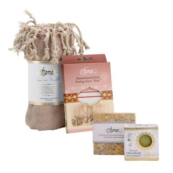 Preview: 4er Geschenkset - Peelinghandschuh, Olivenölseife, Seifenschale & Hamamtuch für Wellness & Spa zu Hause - Beugt Hautalterung vor