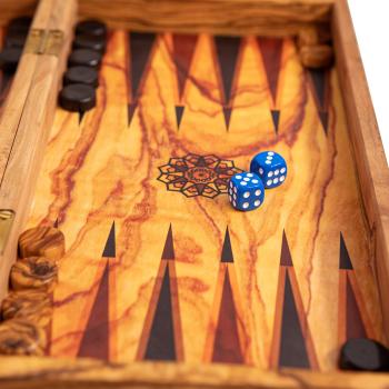Preview: Esclusivo tavolo da gioco 3 in 1 realizzato a mano in legno d‘ulivo, scacchi, dama e backgammon in un astuccio