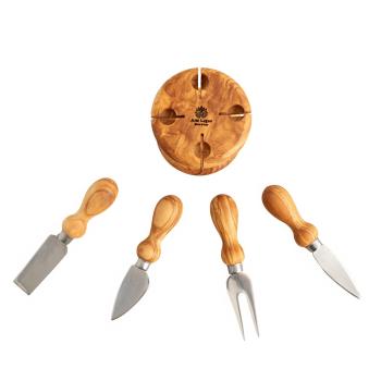 Preview: 5-piece olive wood cheese knife set – With decorative stand for all types of cheese – Handcrafted in Italy – 9x9x16cm – Ideal as a gift