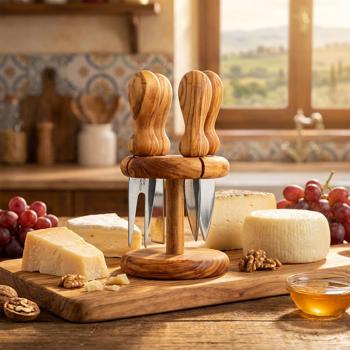 set de 5 couteaux à fromage en bois d‘olivier, couteau pour fromage sur support, 9 x 9 x 16 cm