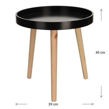 Preview: Tavolino moderno di design rotondo, 39x40cm - Piano in legno con vassoio nero e 3 gambe - Elegante tavolo da salotto