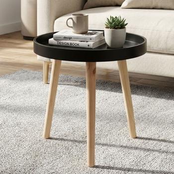 Tavolino moderno di design rotondo, 39x40cm - Piano in legno con vassoio nero e 3 gambe - Elegante tavolo da salotto