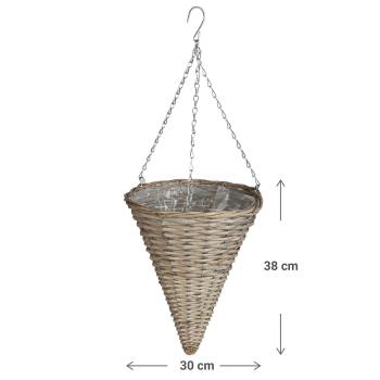 Preview: Blumenampel Trichter-Form Weidengeflecht - Hängender Blumentopf braun/silber mit Haken & Pflanzenfolie - Vintage Deko für Balkon Terrasse 30x38cm