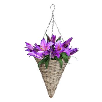 Preview: Blumenampel Trichter-Form Weidengeflecht - Hängender Blumentopf braun/silber mit Haken & Pflanzenfolie - Vintage Deko für Balkon Terrasse 30x38cm