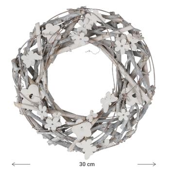 Preview: Weidekranz mit Blumen und Holz-Schmetterlingen - Türkranz Natur Hängedekoration weiss/braun - Shabby Chic Deko Ø 30x7cm