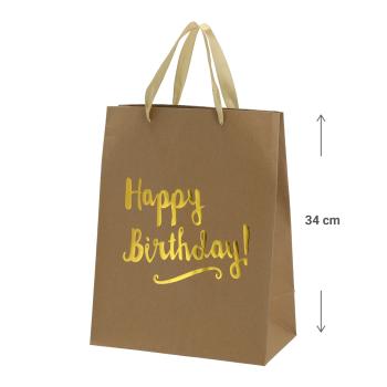 Preview: Geschenktüte Papier Happy Birthday - Geschenktasche mit Henkel für kleine Präsente Mitgebsel Süssigkeiten Bonbons Kosmetik - Kraftpapier 27x34x15cm