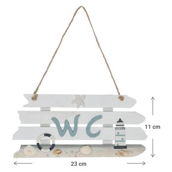 Preview: WC Schild maritim aus Holz - Tür- & Wandschild Toilette - Leuchtturm-Rettungsring-Muscheln-Seestern - 23x11x0,4cm - Dekoschnur zum Aufhängen - Geschenk