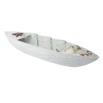 Preview: Teelichthalter Boot Holz Maritim - 3 Teelichtgläser Muscheln Seestern - Weiss Braun Glas MDF 40x10x8cm - Wohnzimmer Bad Deko