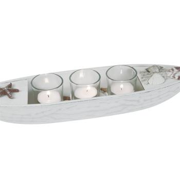Preview: Teelichthalter Boot Holz Maritim - 3 Teelichtgläser Muscheln Seestern - Weiss Braun Glas MDF 40x10x8cm - Wohnzimmer Bad Deko