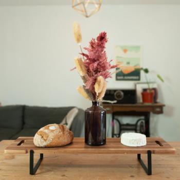 Preview: Acacia wood serving tray, snack tray with folding feet, 67 x 20 cm