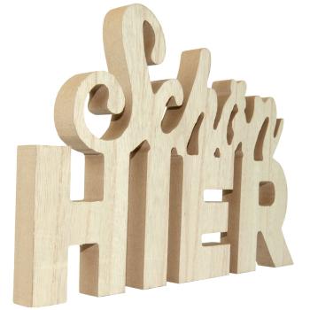 Preview: Schriftzug Schön HIER aus Holz - Aufsteller Dekoration für gemütliche Atmosphäre & Wohlfühlmomente - Braun/Weiss Patina - 29x18,5x1,8cm