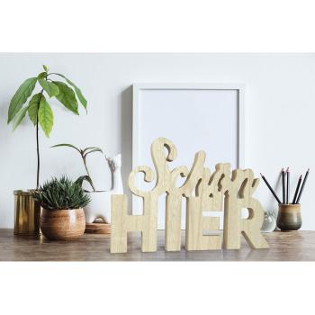 Preview: Schriftzug Schön HIER aus Holz - Aufsteller Dekoration für gemütliche Atmosphäre & Wohlfühlmomente - Braun/Weiss Patina - 29x18,5x1,8cm