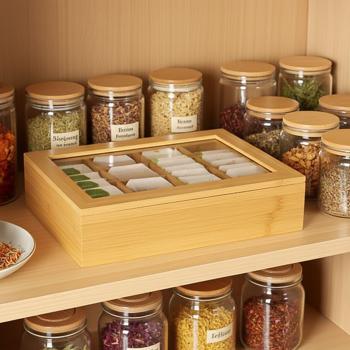 Preview: Scatola per bustine di tè in bambù, scatola per tè con 8 scomparti e coperchio trasparente