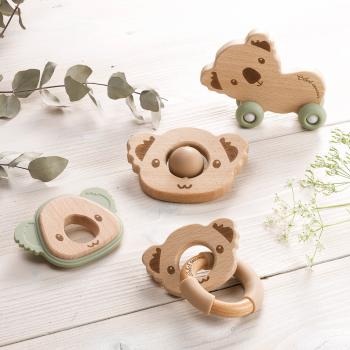 Preview: Jouet pour bébé Ours en bois et silicone, anneau de préhension pour jeunes enfants