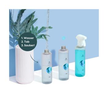 Preview: 3er-Set Glasreiniger Sprühflasche & Tabs - Umweltfreundlich, biologisch abbaubar - 500ml Flasche aus 100% recyceltem Kunststoff - Ohne Mikroplastik