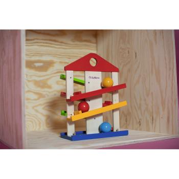 Preview: Pista per palline in legno da 4 pezzi, giocattolo educativo con tre palline e campana, 25 x 12 x 34 cm