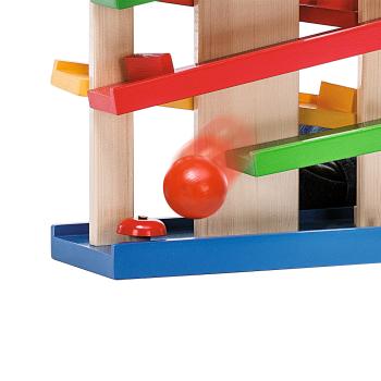 Preview: Pista per palline in legno da 4 pezzi, giocattolo educativo con tre palline e campana, 25 x 12 x 34 cm